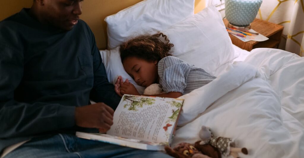A father reads a bedtime story to his daughter, creating a calm and cozy atmosphere.