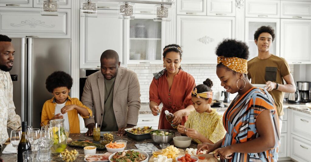 A happy family gathers in the kitchen to prepare a delicious meal together, fostering togetherness and joy.