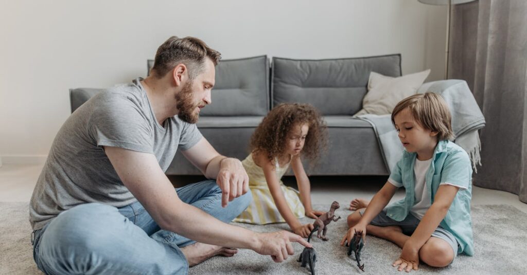 A father plays dinosaurs with his two kids on the carpet, fostering family bonding.